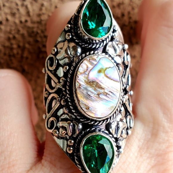 New Abalone Shell & Peridot 925 Silver Statement Ring. - Picture 14 of 16